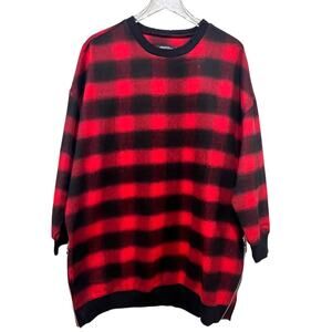 Zara Women‎ Red Black Buffalo Check Sweatshirt Dress Tunic Zip Slits Size M